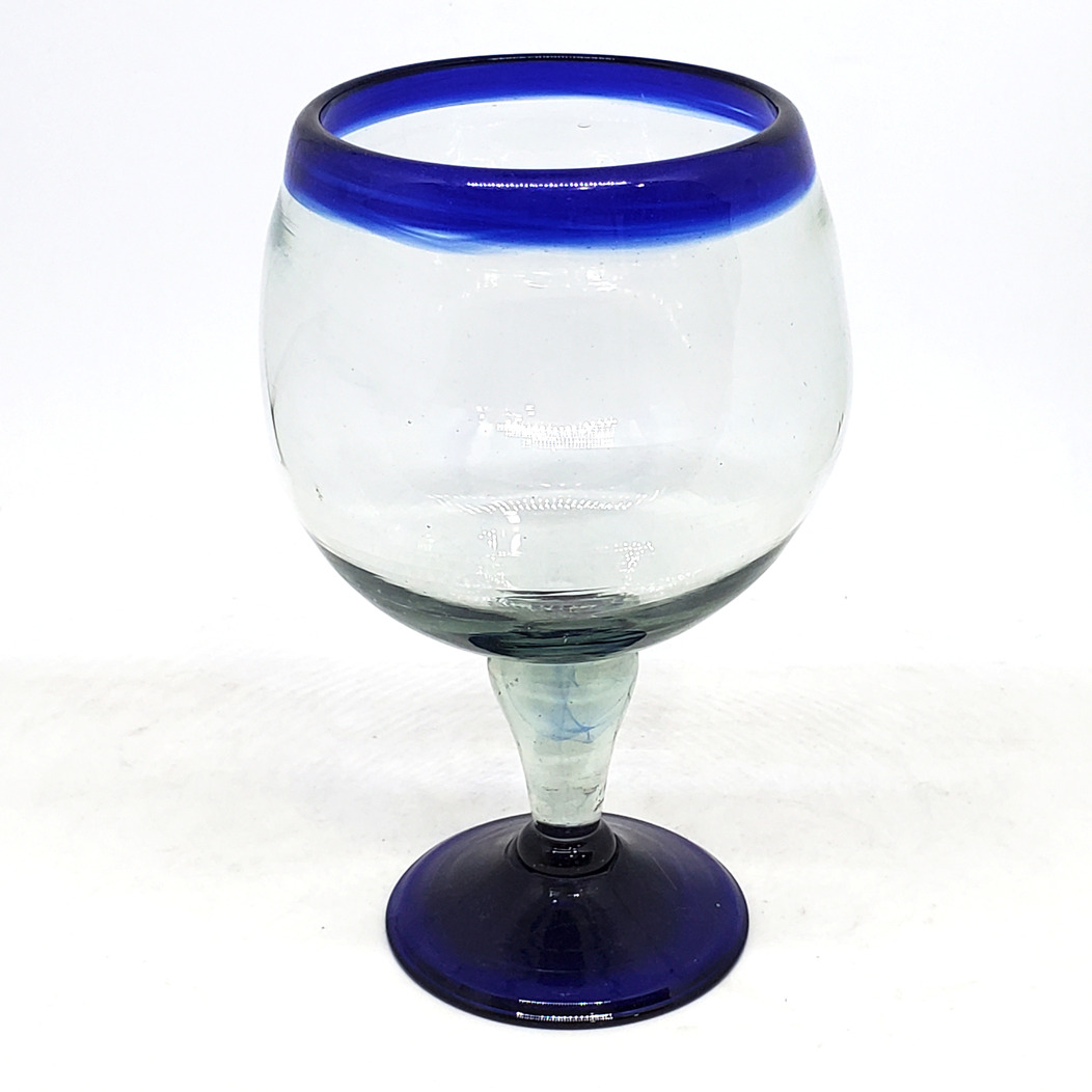 VIDRIO SOPLADO / Juego de 6 copas Chabela para cocteles con borde azul cobalto, 24 oz, Vidrio Reciclado, Libre de Plomo y Toxinas